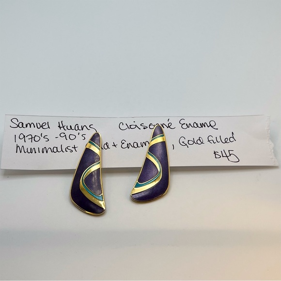 Vintage Samuel Huang Cloisonné Enamel Purple & Gold Earrings - Picture 5 of 7